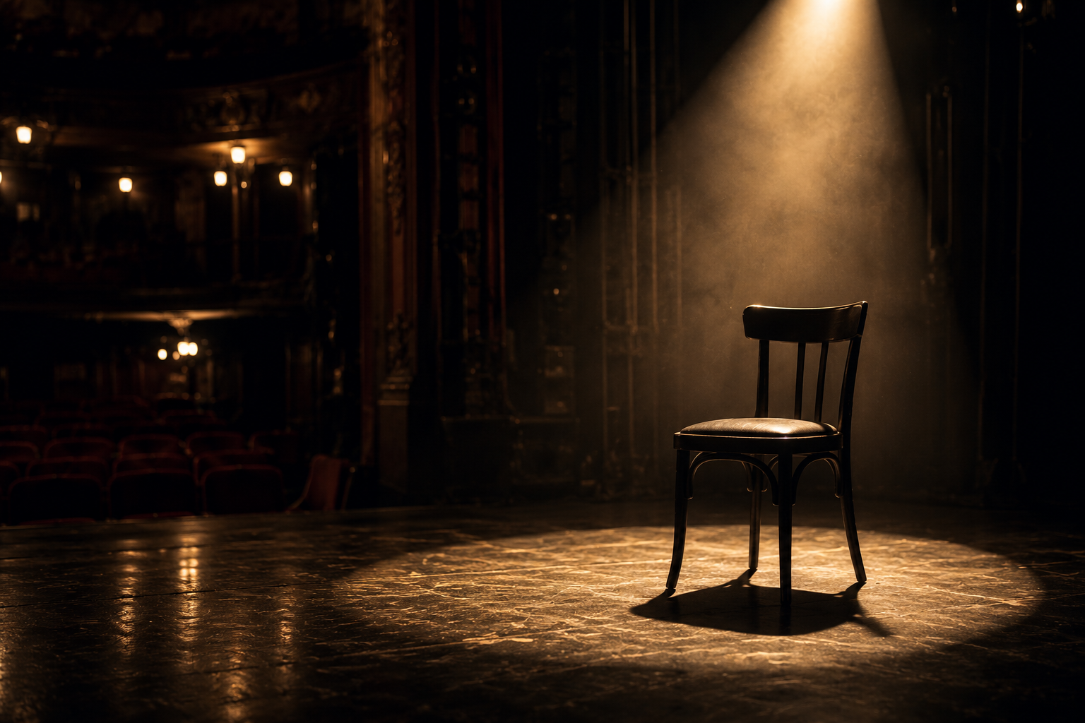 An empty wooden chair lit by a warm spotlight on a theatre stage, the auditorium in shadow beyond.